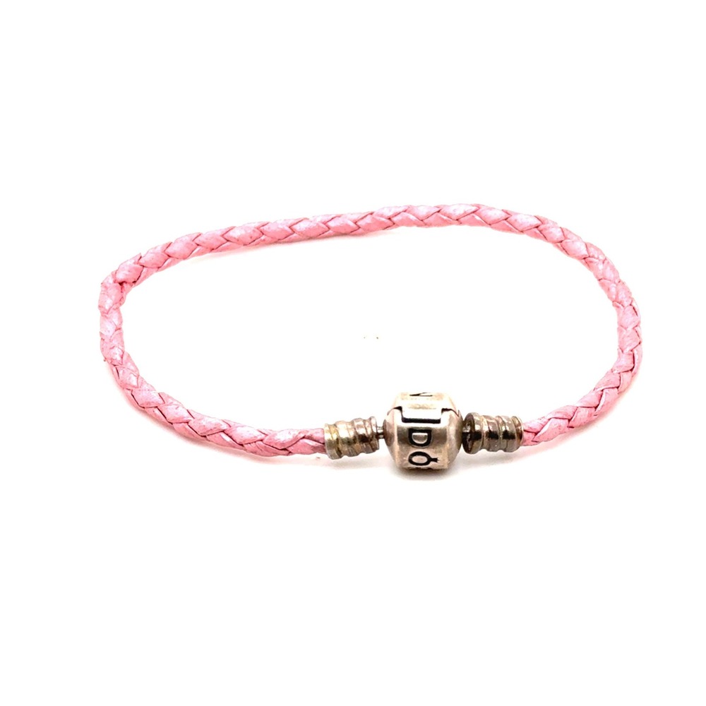 Pandora Pink Braided Leather Bracelet Sterling Silver Clasp 7 Inch Single Wrap